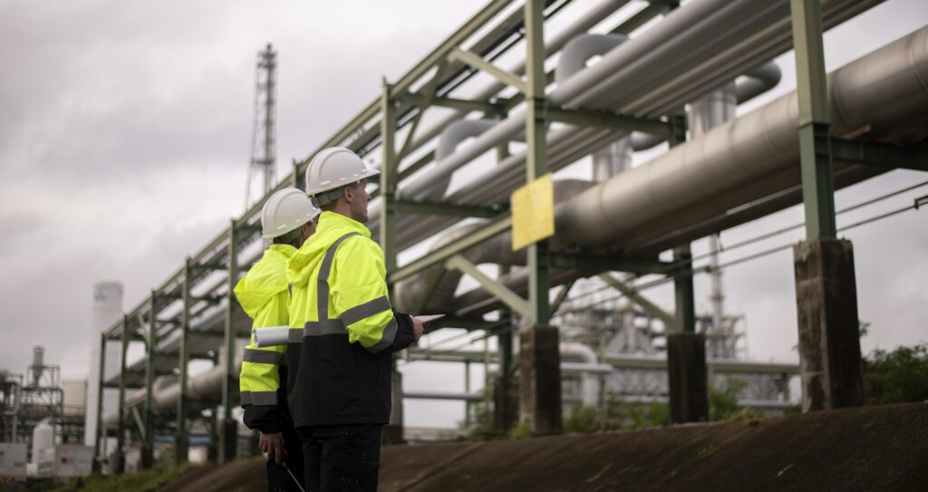 Engineers wearing safety gear, including hard hats examining survey a large blueprint tablet standin